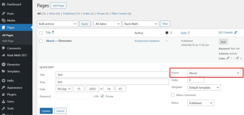 What is a Subpage? 7 Screenshot Quick Edit Dialog box for pages